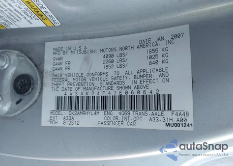 2007 Mitsubishi Eclipse Gs from USA, damaged, VIN 4A3AK24F47E060642